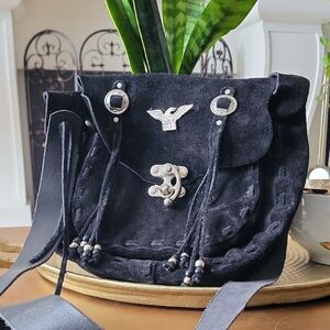 Black Suede Designer Handbag with Silver Accents